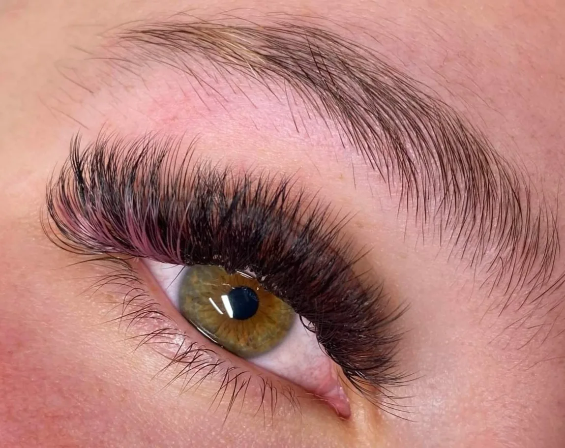 Macro of applied lash-extension set and groomed brow